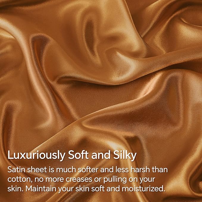BEDELITE California King Sheets Set, Luxury Soft Burnt Orange Satin Sheets for Hair and Skin, Similar to Silk Bed Sheets Set 4 Pieces with 1 Deep Pocket Fitted Sheet, 1 Flat Sheet, and 2 Pillowcases