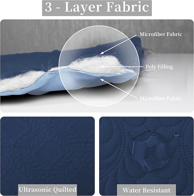 Easy-Going King Size Reversible Quilt Set with 1 Quilt and 2 Pillow Shams, Soft Bed Quilt Cover, Water Resistant Lightweight Microfiber Bedspread, Stain Resistant, Olive Leaf-Dark Blue/Light Blue