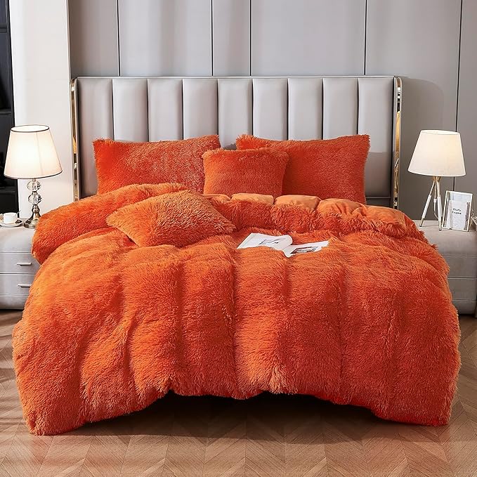 Uhamho Faux Fur Velvet Fluffy Bedding Duvet Cover Set Down Comforter Quilt Cover with Pillow Shams, Ultra Soft Warm and Luxury (King, Orange)