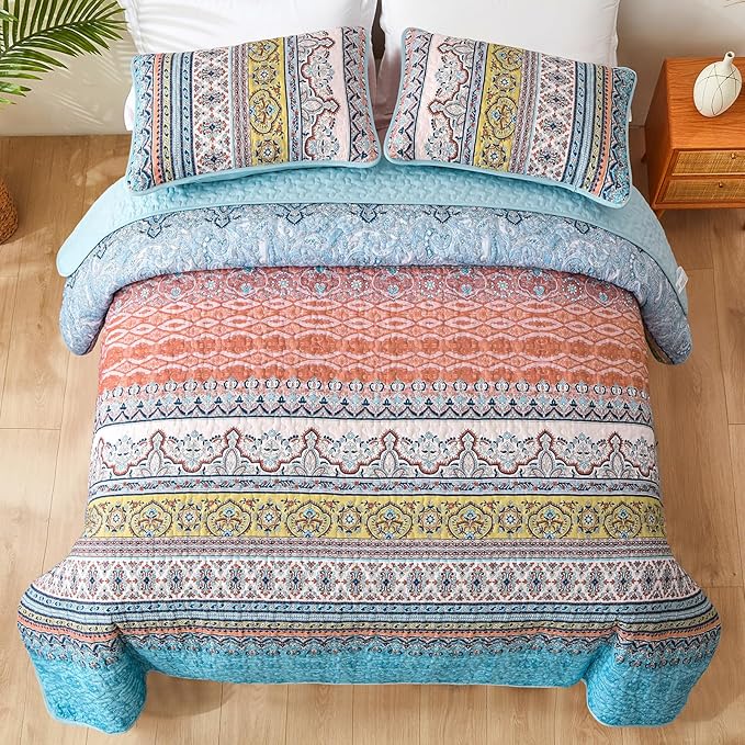 WONGS BEDDING Boho Queen Quilt Set, Pink and Blue Bohemian Quilt Bedding Set, Lightweight Bed Decor Bedspread for All Season Reversible Microfiber Coverlet Bedding Set 96"x90"(3 Pieces)