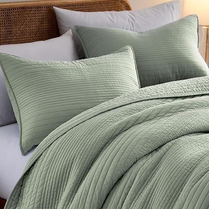 PALASSIO Striped Sage Green 100% Cotton Quilt California Cal King Size Bedding Set, Oversized Lightweight Channel Pick Stitch Textured Bedspread Soft Farmhouse Country Coverlet for All Season, 2 Shams