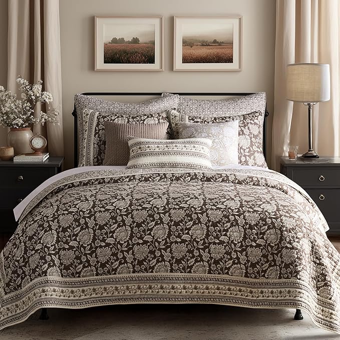 Levtex Home Adare Cocoa Reversible Twin/Twin XL Quilt Set (68x86in) with 1 Pillow Sham (26x20in) - Floral Bedding - Brown Cream - Cotton Twin Size Quilt Bedding Set - Lightweight, Soft, Pre-Washed