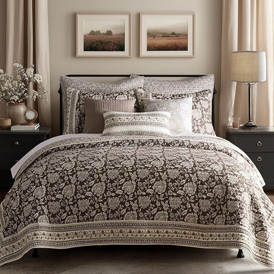 Levtex Home Adare Cocoa Reversible Twin/Twin XL Quilt Set (68x86in) with 1 Pillow Sham (26x20in) - Floral Bedding - Brown Cream - Cotton Twin Size Quilt Bedding Set - Lightweight, Soft, Pre-Washed