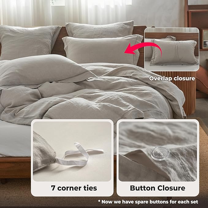 Simple&Opulence 100% Washed Linen Duvet Cover with Embroidered,3 Pieces Soft Farmhouse Comforter Set with Button Closure,1 Duvet Cover and 2 Pillowshams(Queen,Light Grey)