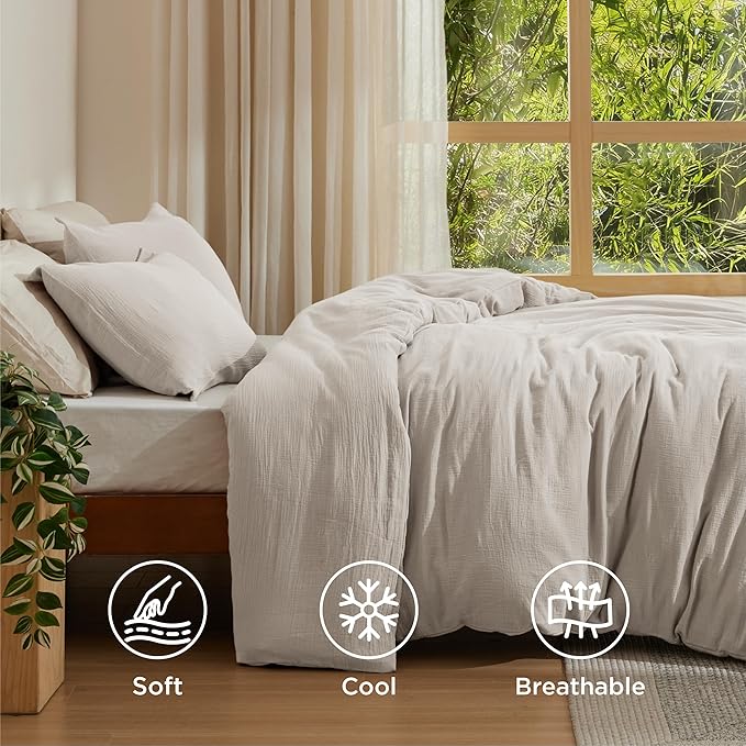 Bedsure Muslin Duvet Cover King Size - Cotton Blend Rayon Derived from Bamboo, Cooling Duvet Covet for Hot Sleepers - Ultra-Soft & Breathable Bedding Set for All Seasons(Oat Milk, 104"x90")