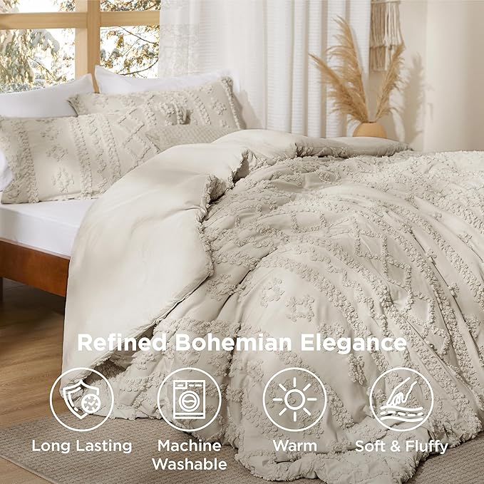 Bedsure Tufted Boho Comforter Set Queen Size - Linen Boho Bed Set, GentleSoft™ 3 Pieces Farmhouse Shabby Chic Embroidery Bedding, Gifts for Woman, Soft Jacquard Queen Comforter for All Seasons