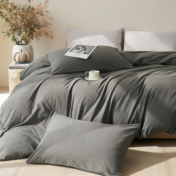 JELLYMONI Duvet Cover Full Size - Washed Cotton Comforter Cover with Linen-Like Texture,Breathable & Soft Bedding for Modern Home,Guest Room and Everyday Use,Dark Grey 1 Duvet Cover & 2 Pillowcases