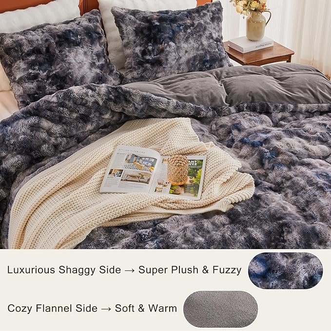 EMME Faux Fur Duvet Cover Queen Size, 3 Pieces Ultra Soft Fluffy Comforter Cover, Cozy Warm for Winter, Luxury Shaggy Bubble Design Bedding, 1 Duvet Cover & 2 Pillow Shams (Queen, Tie Dye Dark Grey)