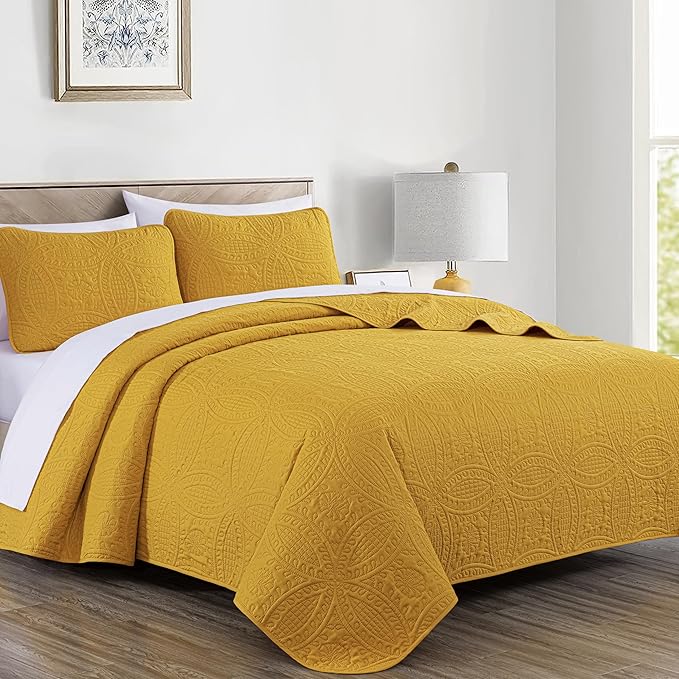Chezmoi Collection Austin Queen Bedspread Set 3-Piece Pinsonic Quilted Oversized Bedspread Coverlet Set, Queen, Mustard