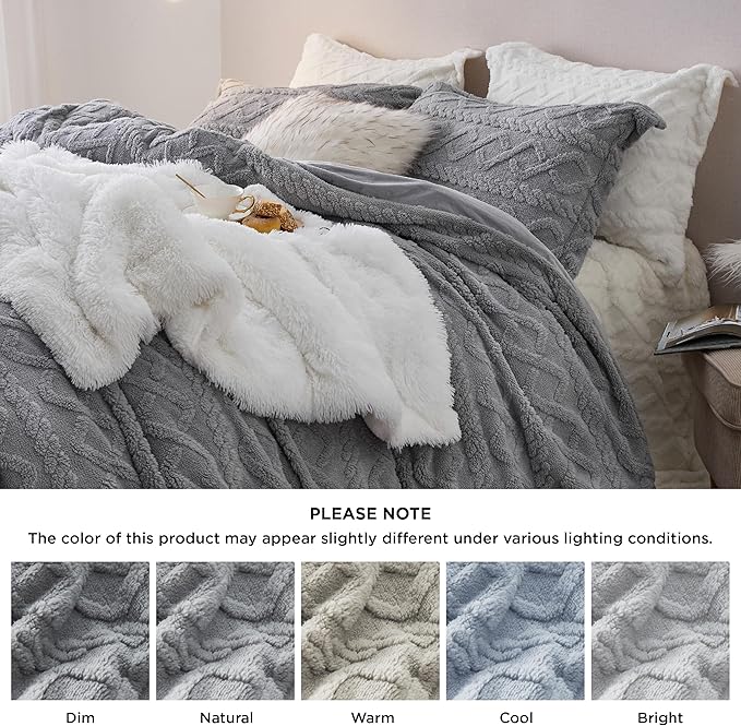 Bedsure Fluffy Flannel Duvet Cover Set - Faux Fur Comforter Cover King Size, Gray Warm Plush Bedding for Winter, 3-Piece Set with Zipper Closure (104"x90") and 2 Pillow Shams