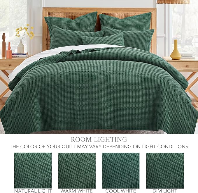 Levtex Home Mills Waffle King Bedspread Set (120x104in) with 2 Pillow Shams (36x20in) - Forest Green - Cotton King Size Bedspread Set - Soft, Pre-Washed
