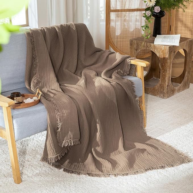 MooMee Muslin Blanket - 100% Cotton 4-Layer Gauze Throw Blanket with All-Around Fringe Ultra-Soft Breathable Lightweight Cooling for Bed Couch (Brown,Twin XL 66" x 90")