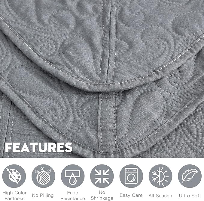 Oversized King Bedspread 138x122 Extra Wide, Ultrasonic Lightweight Bedding Cover, Paisley Pattern, Reversible, 5 Piece, 100% Microfiber, California/Alaskan King, Grey