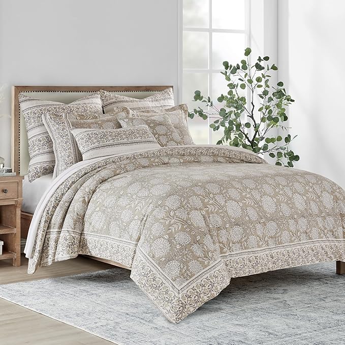 Levtex Home Adare Taupe Reversible Twin Duvet Cover Set (68x88in) with 1 Pillowcase (26x20in) - Floral Bedding - Taupe and White - 100% Cotton Twin Size Duvet Cover Set - Soft, Pre-Washed