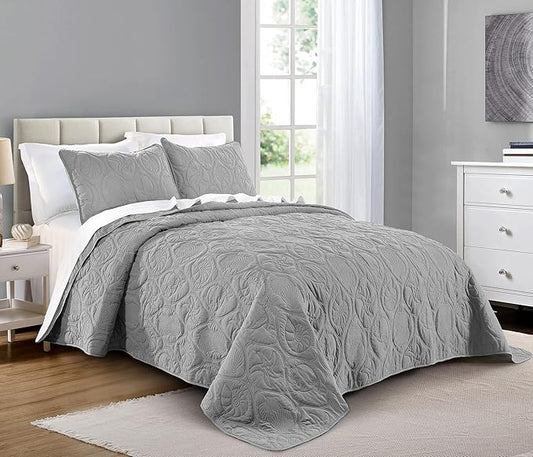Pure Bedding Quilt Set King/Cal King/California King Size Light Grey - Oversized Bedspread - Microfiber Coverlet - Includes 1 Quilt and 2 Shams, Ocean Star Pattern