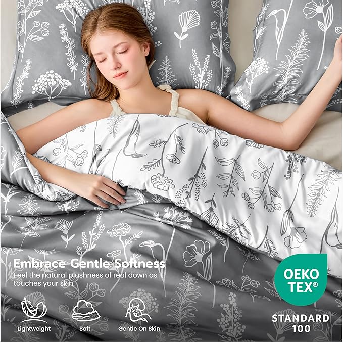 Joiedomi Queen Comforter Set Grey, 3 Pieces Floral Queen Bedding Set with 1 Soft Reversible Botanical Comforter and 2 Pillow Shams, Bed in a Bag for All Seasons