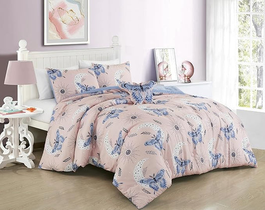 Chezmoi Collection 4-Piece Mystical Butterfly Kids Bedding Set Full/Queen Size - Pink Lavender Blue White Soft Microfiber Comforter Set w/Butterfly Throw Pillow for Kids Teens
