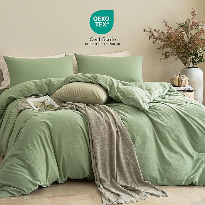 JELLYMONI Duvet Cover Twin Size - Washed Cotton Comforter Cover with Linen-Like Texture, Breathable & Soft Bedding for Modern Home,Guest Room and Everyday Use,Mint Green 1 Duvet Cover & 1 Pillowcase