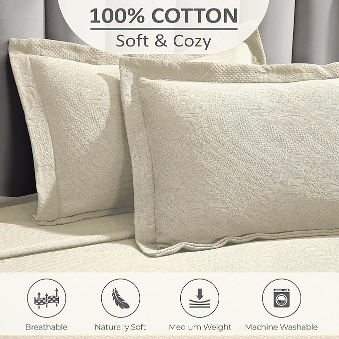 Superior 3 Piece Cotton Bedspread Set, Home Bed Decor, Decorative Bed Spread, 2 Pillow Shams, Medium Weight Blanket, Matelasse Coverlet, Bedding Essentials, Peploi Collection, Full, Ivory