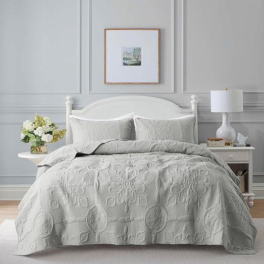 Light Grey Damask Quilt Queen Size Bedding Sets with 2 Pillow Shams, Boho Bedspread Lightweight Soft Farmhouse Vintage Bohemian Coverlet Retro Jacquard Pattern Bed Cover for All Season, 3 Pieces