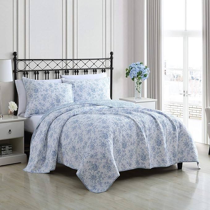 Laura Ashley - Full/Queen Quilt Set, Reversible Cotton Bedding with Matching Sham, Medium-Weight for Year Round Use, Floral Print Bed Set (Walled Garden Blue)