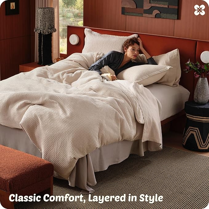 Bedsure Cotton Duvet Cover Set - 100% Cotton Waffle Weave Beige Duvet Cover Oversized King Size, GentleSoft™ and Breathable Bedding Set for All Season, 3 Pieces, 120"x98"