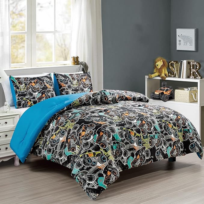 Chezmoi Collection 4-Piece Boys Full Bedding Sets - Soft Microfiber Multi-Color Monster Truck Racing Kids Comforter Set Full/Queen