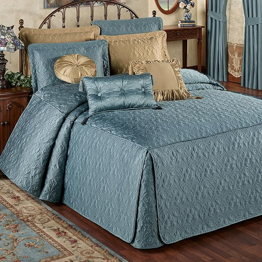 Cambridge Classic Luxury Bedding | Blue Shadow Solid Color Polyester Satin | Elaborate Damask Quilting | Fitted, Oversized 24 Inch Drop | 3 Piece Bed Set Includes Queen Bedspread & 2 Standard Shams