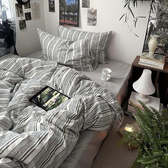 mixinni Vintage Gray & White Striped Duvet Cover Set - 3 Piece 100% Washed Cotton King Size Bedding | Minimalist Gender-Neutral Design | Ultra-Soft Breathable, with Zipper Closure & Corner Ties