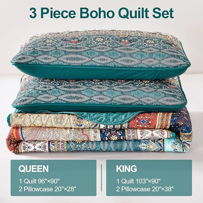 WONGS BEDDING Boho Queen Quilt Set, Green and Brown Bohemian Queen Quilt Bedding Set, Lightweight Microfiber Bed Decor Bedspread for All Season 96"x90"(3 Pieces)