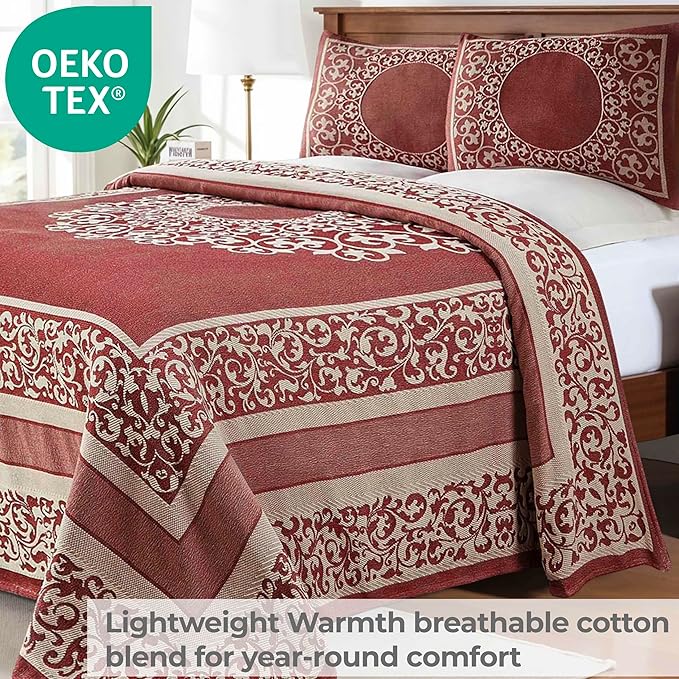 Superior Cotton Blend Bedspread Set, Includes Oversized Bedspread and 2 Matching Pillow Shams, Light Weight Blanket, Bedding Decor, Jacquard Vintage Floral Mandala, Lyron Collection - King, Berry Red