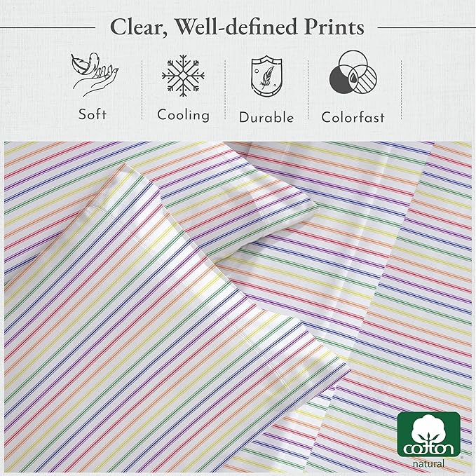 California Design Den Printed Twin XL Sheet Sets - 400 Thread Count Sateen, Natural 100% Cotton Sheets, Deep Pockets, and Durable Bedding Set - Rainbow Striped