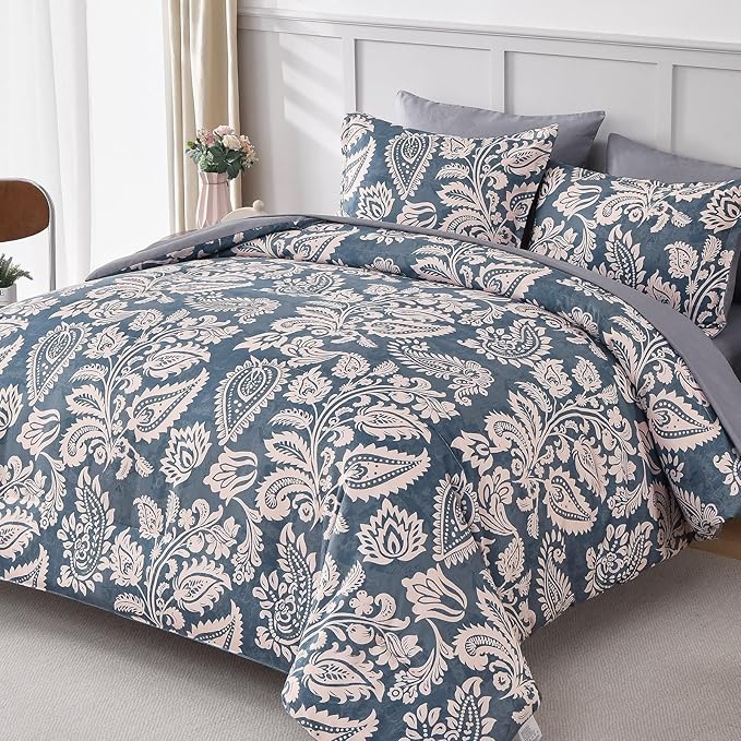 Drucon Paisley Comforter Set King, 7 Pieces Bed in a Bag Boho Comforter Bedding Soft Microfiber King Size Navy Blue Comforter with Sheet & Pillowcases