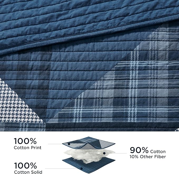Woolrich Olsen Reversible Quilt Set - Cottage Styling Reversed to Solid Color, All Season Lightweight Coverlet, Cozy Bedding Layer, Matching Shams, Oversized Full/Queen, Geometric Plaid Blue 3 Piece
