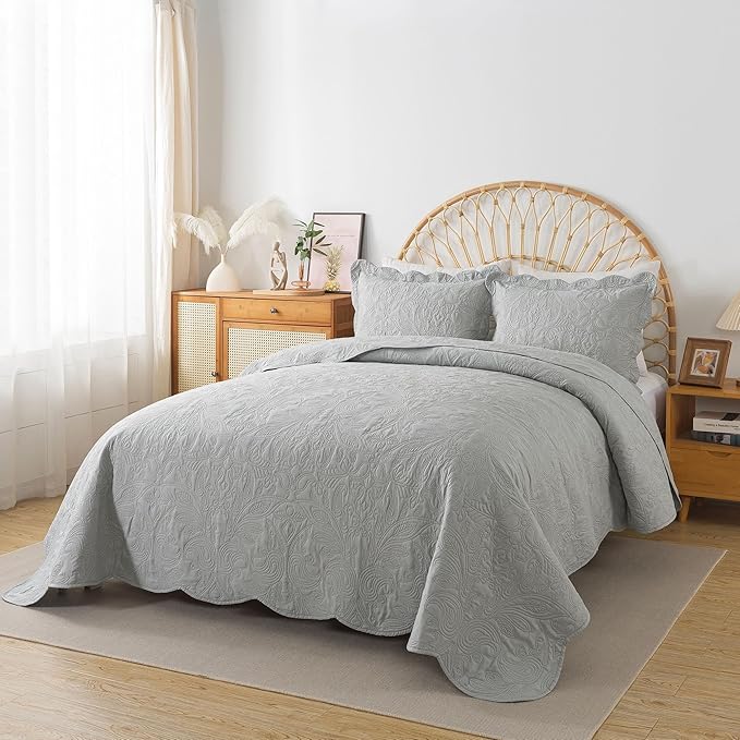 HoneiLife Quilt Set Queen Size - 3 Piece Queen Quilt Bedding Set Microfiber Quilt Sets Lightweight Bedspreads Reversible Coverlets Retro Bed Cover Floral Bedding Set All Season Quilts-Light Grey