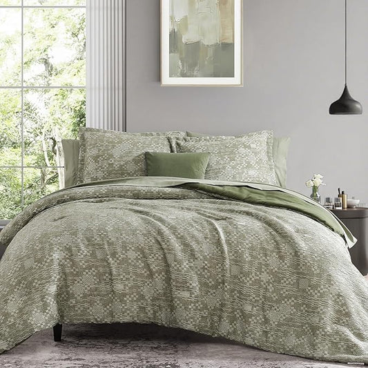 MaiRêve Full Size Comforter Set Olive Green, Crinkle Textured Design Bedding Set 7 Pieces Bed in A Bag, All Season Farmhouse Comforter Set with Sheets, Pillowcases & Shams