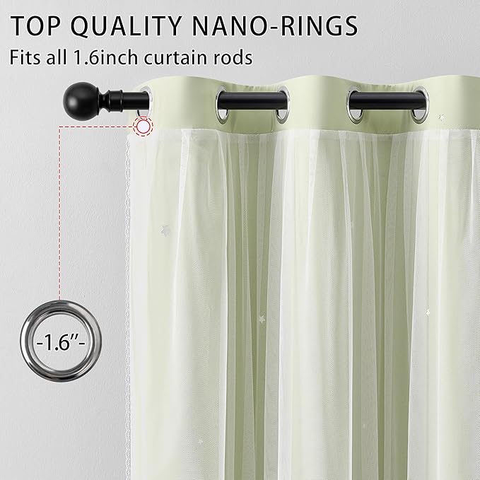 XiDi Star Blackout Sage Green Curtains for Nursery Kid Girls Bedroom Living Room 2 Panels Double Layer Thermal Insulated Star Cut Out Wall Home Decor Grommet Short Window Curtains Kitchen 34x45