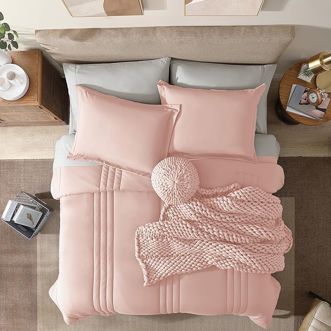 Monbix Queen Comforter Set - 7 Pieces Light Pink Bed in a Bag Queen Bedding Sets with Comforters, All Seasons Comforter Bed Set with Sheets, Pillowcases & Shams