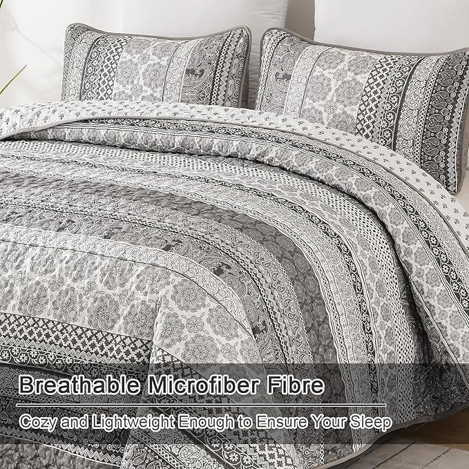 WONGS BEDDING Boho Quilt Set Queen Size, Grey Bohemian 3 Pieces Quilt Sets, Gray Lightweight Bedspread Coverlet Bedding Set for All Season (96"x90")