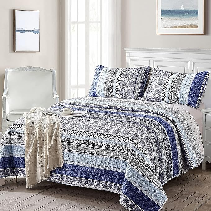 WONGS BEDDING Boho Quilt Set Full Size, Blue Bohemian 3 Pieces Quilt Sets, Lightweight Bedspread Coverlet Bedding Set for All Season (78"x90")