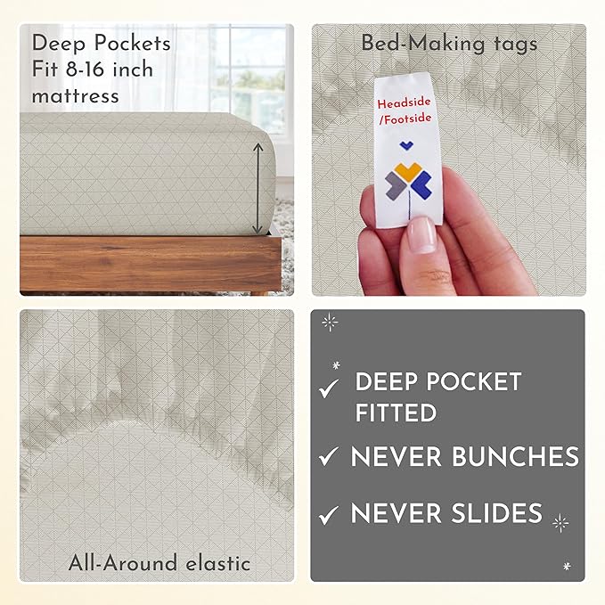 California Design Den Queen Sheet Set - 400 Thread Count Sateen, Natural 100% Cotton Sheet Set Queen Size, Deep Pocket and Durable Bedding - Taupish-Sage Crosshatch