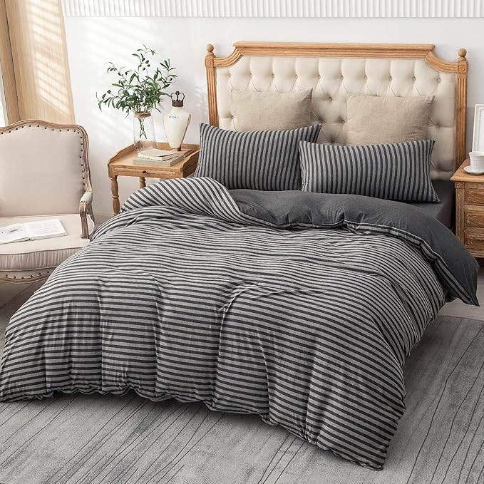 PURE ERA Jersey Knit Duvet Cover Set 100% T-Shirt Heather Cotton Super Soft Comfy Classic Striped Design, with Zipper Closure, Charcoal Dark Grey Stripe, Twin