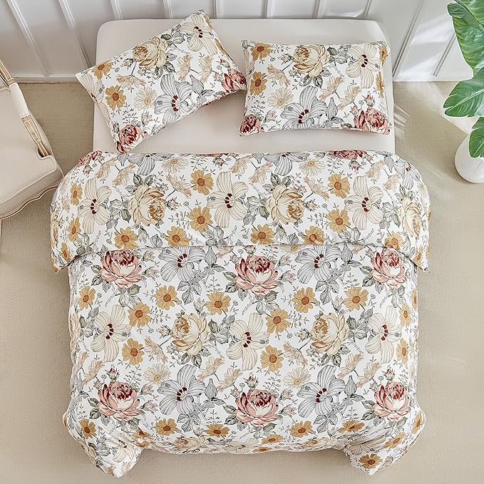 Lekesky Queen Duvet Cover Set, Reversible Vintage Flowers Print Comforter Cover Queen Size 3pc, Soft 100% Washed Microfiber Breathable Bedding Sets with Zipper Ties and 2 Pillowcases