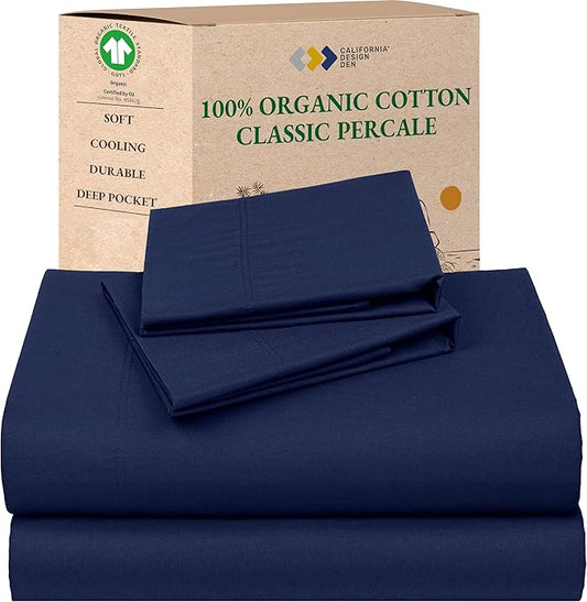 California Design Den Queen Size Sheet Set - Soft 100% Organic Cotton Bed Sheets with Deep Pockets, Crisp Percale, Breathable and Durable Bedding Set - Navy Blue