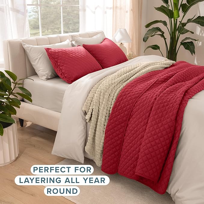 Bare Home Coverlet Set - King Size - Lightweight Bed Decor - Comforter Alternative - All-Season Quilted Bedspread (King, Red)
