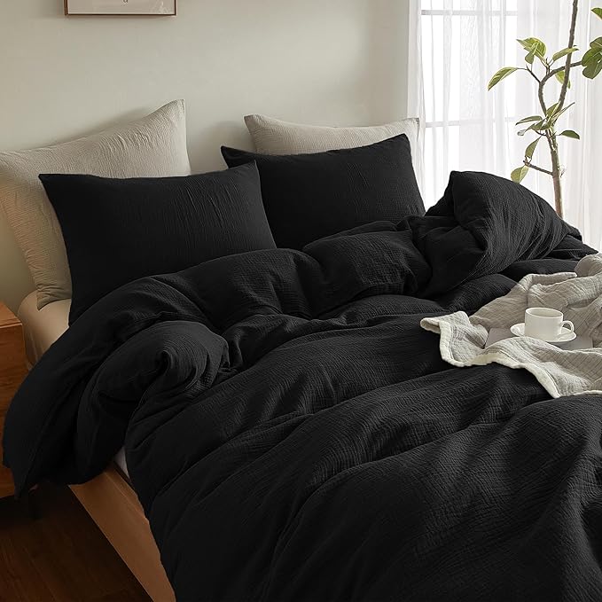 SE SOFTEXLY Muslin Duvet Cover King Size, 100% Washed Cotton Duvet Cover Set, Ultra Soft Comforter Cover Linen Like, 3 Pieces Minimalist Gauze Duvet Cover with 2 Pillowcases, 90"x104", Black