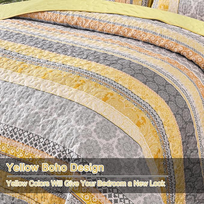 WONGS BEDDING Boho Quilt Set Queen Size, Yellow Bohemian 3 Pieces Fall Quilt Sets, Lightweight Bedspread Coverlet Bedding Set for All Season (96"x90")