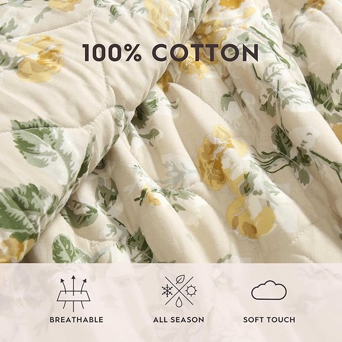 Laura Ashley - King Quilt Set, Reversible Cotton Bedding with Matching Shams, Lightweight Home Decor for All Seasons (Roses Gold, King)