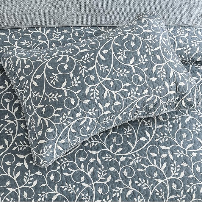 Oversized King Bedspread 120"x120", 100% Cotton Extra Large King Quilt with 2 Pillow Shams, Lightweight Farmhouse Quilted Bedspreads Coverlet Set, Grayish-Blue/Off-White, 3 Pcs
