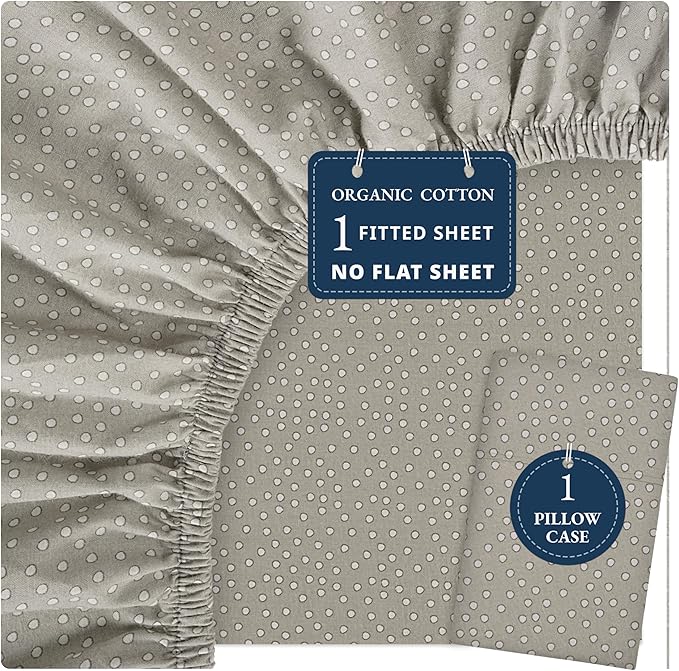 LANE LINEN Twin XL Fitted Sheet, 100% Organic Cotton 2-Piece Set (1 Fitted Sheet, 1 Pillowcase), Percale Weave, Bottom Sheet, Soft, Fits Mattress Upto 15" Deep - Grey (White Dot)(No Flat Sheet)